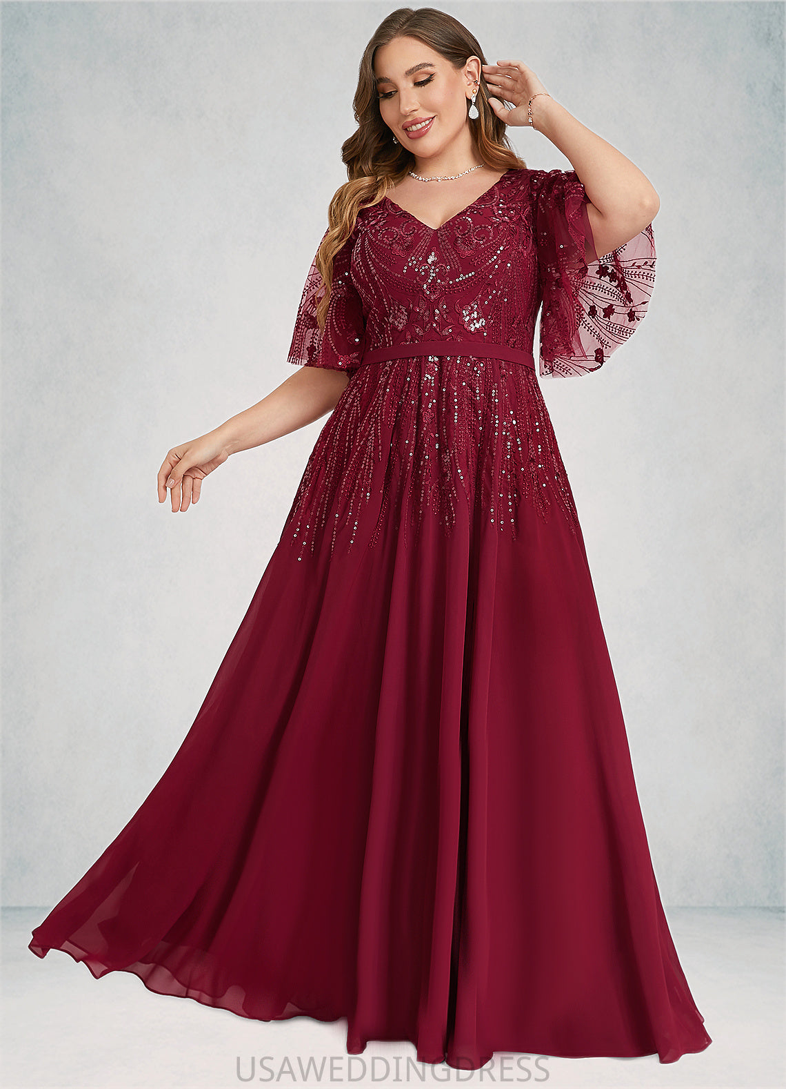 Aurora A-line V-Neck Floor-Length Chiffon Lace Mother of the Bride Dress With Sequins DS126P0021767