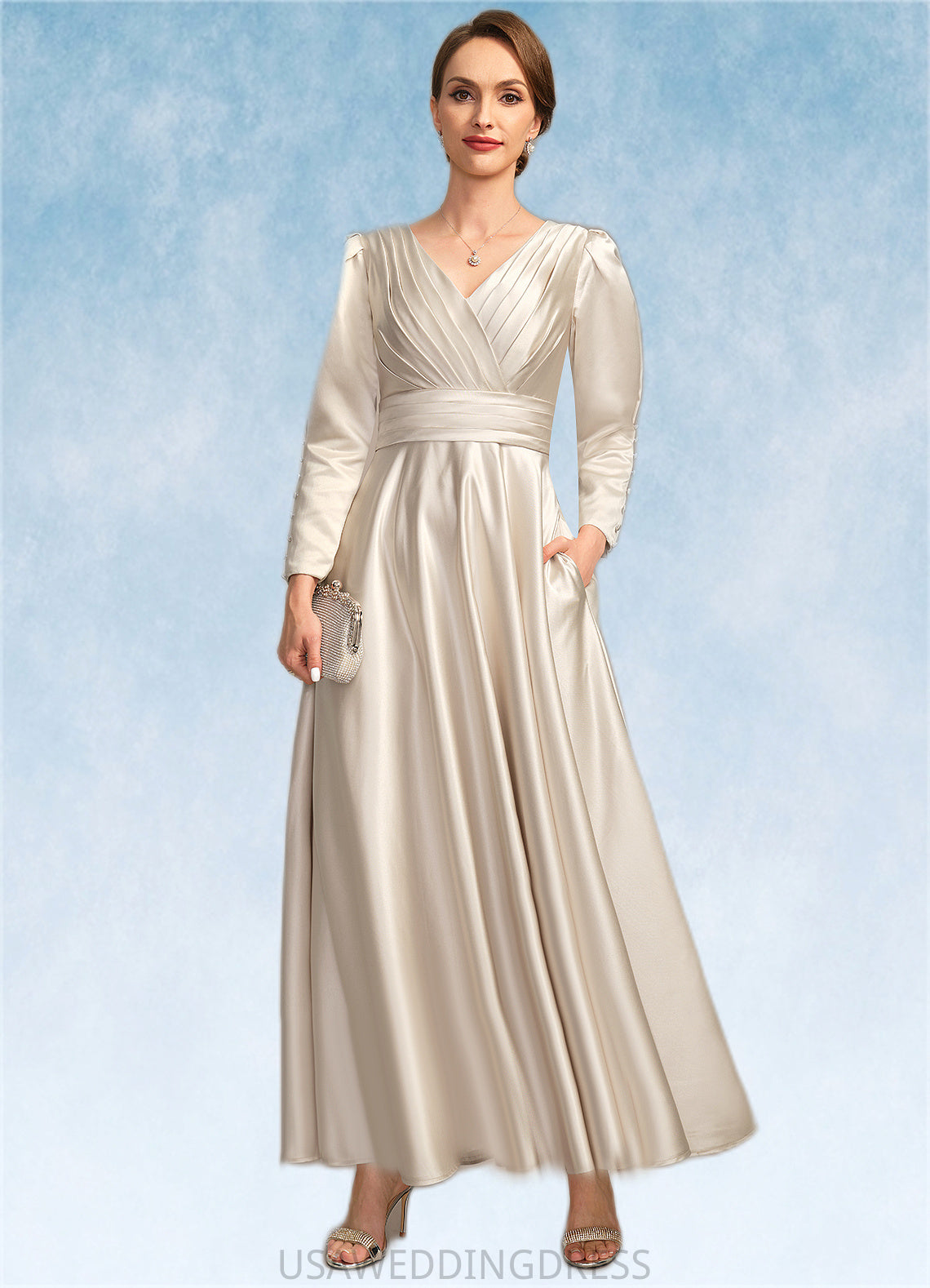 Salome A-line V-Neck Ankle-Length Satin Mother of the Bride Dress With Pleated DS126P0021768