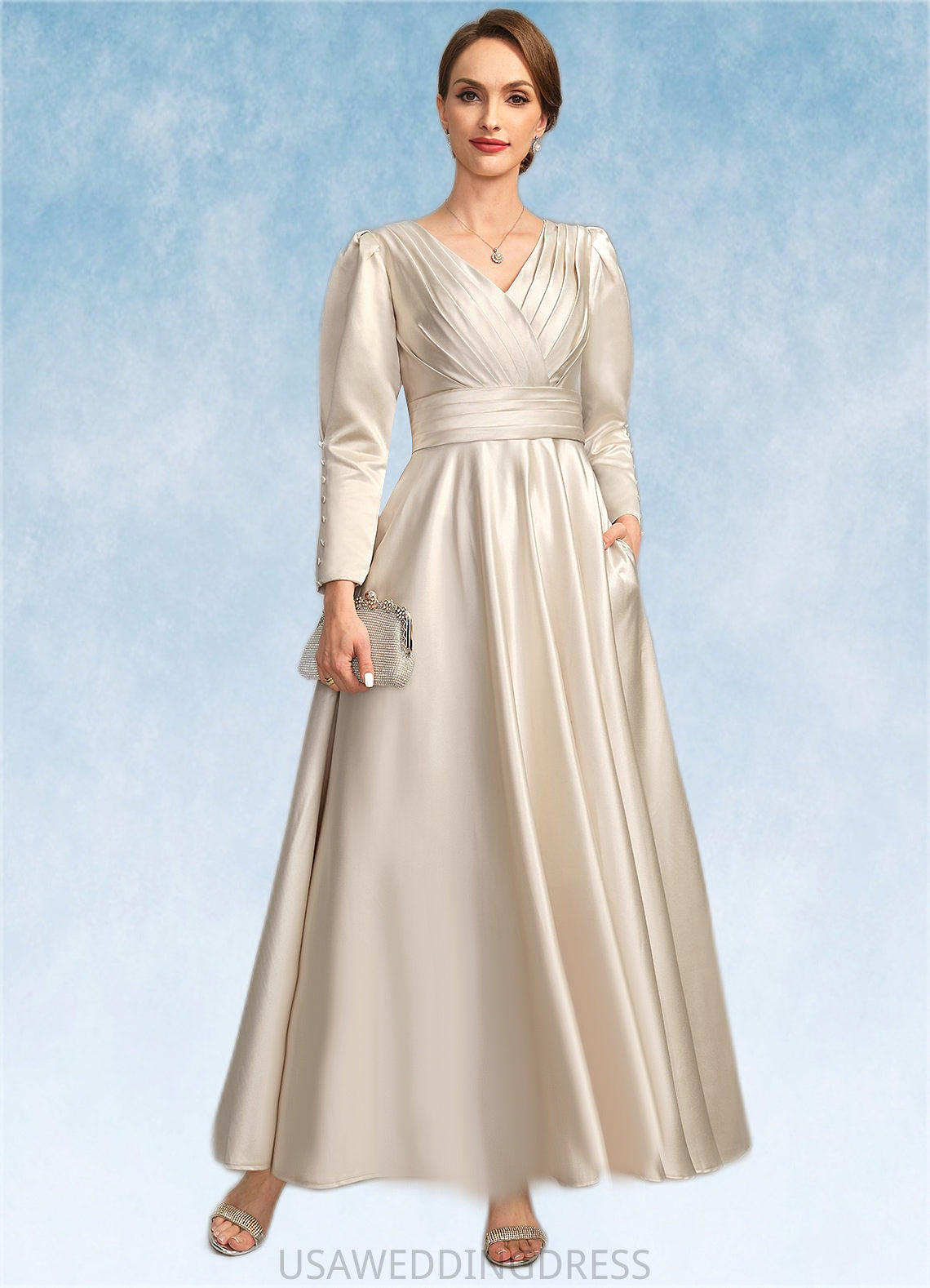 Salome A-line V-Neck Ankle-Length Satin Mother of the Bride Dress With Pleated DS126P0021768