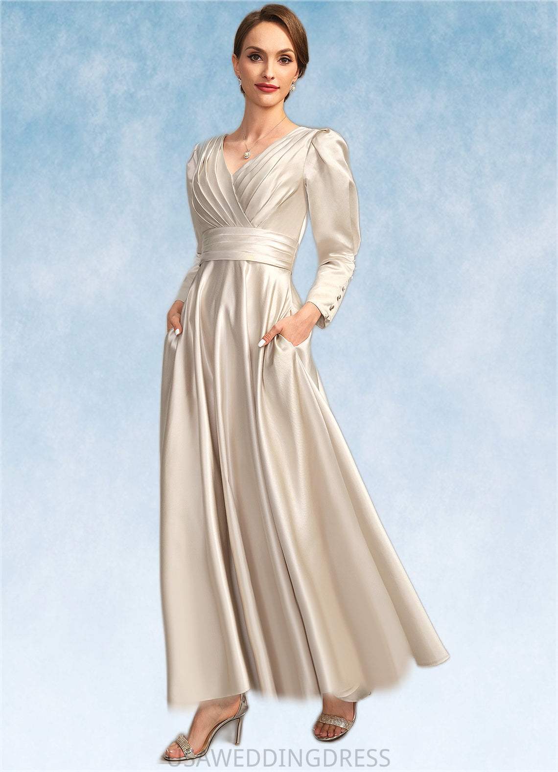 Salome A-line V-Neck Ankle-Length Satin Mother of the Bride Dress With Pleated DS126P0021768