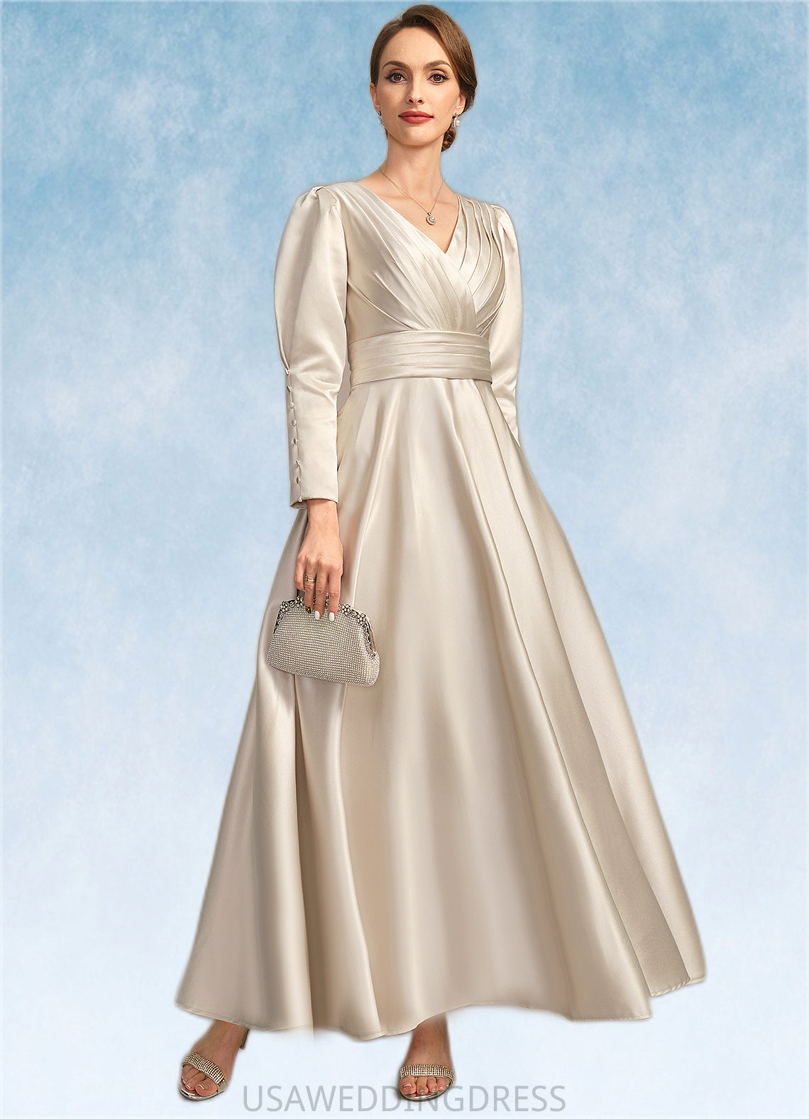 Salome A-line V-Neck Ankle-Length Satin Mother of the Bride Dress With Pleated DS126P0021768