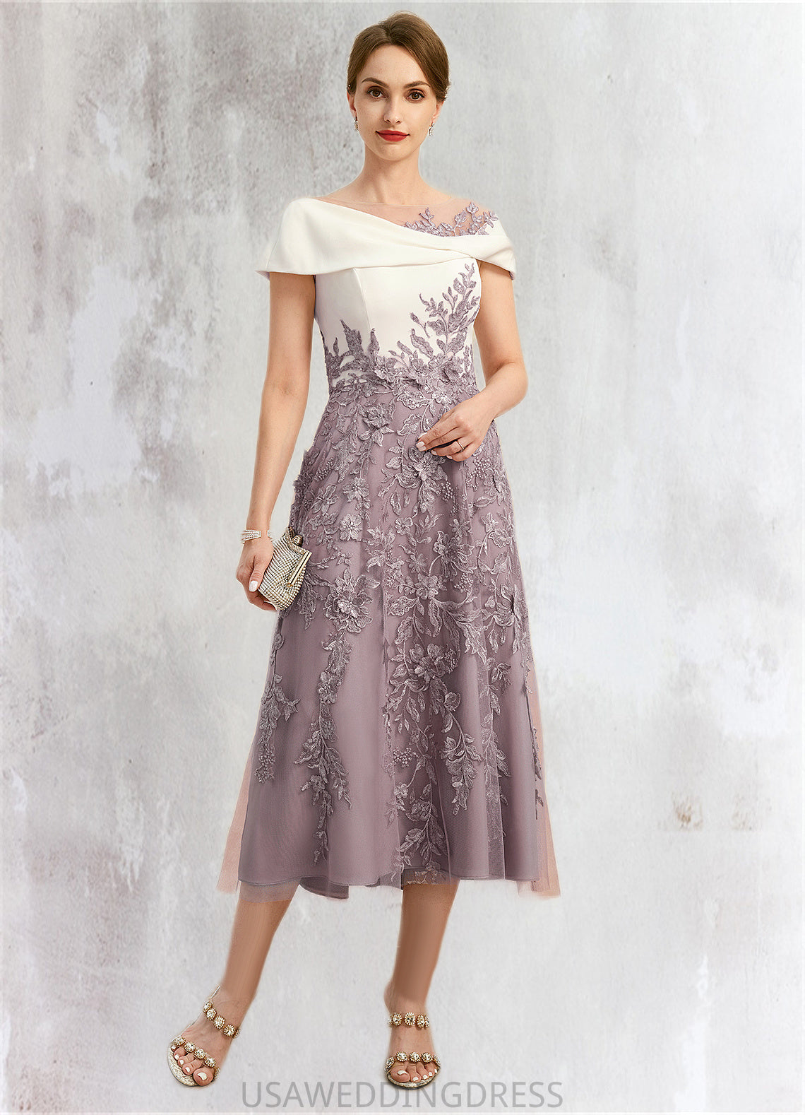 Pamela A-line Scoop Tea-Length Chiffon Lace Mother of the Bride Dress With Sequins DS126P0021773