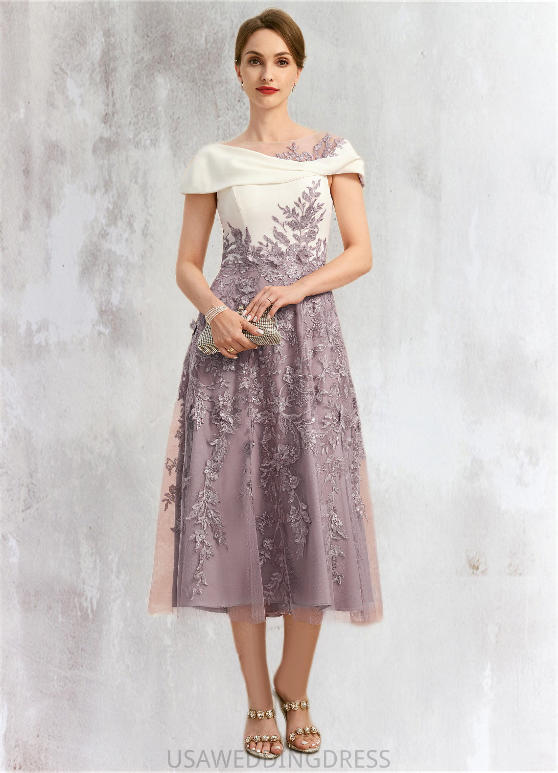 Pamela A-line Scoop Tea-Length Chiffon Lace Mother of the Bride Dress With Sequins DS126P0021773