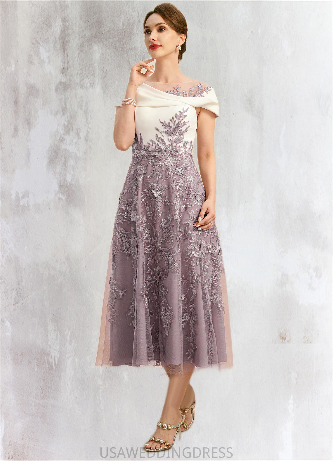 Pamela A-line Scoop Tea-Length Chiffon Lace Mother of the Bride Dress With Sequins DS126P0021773