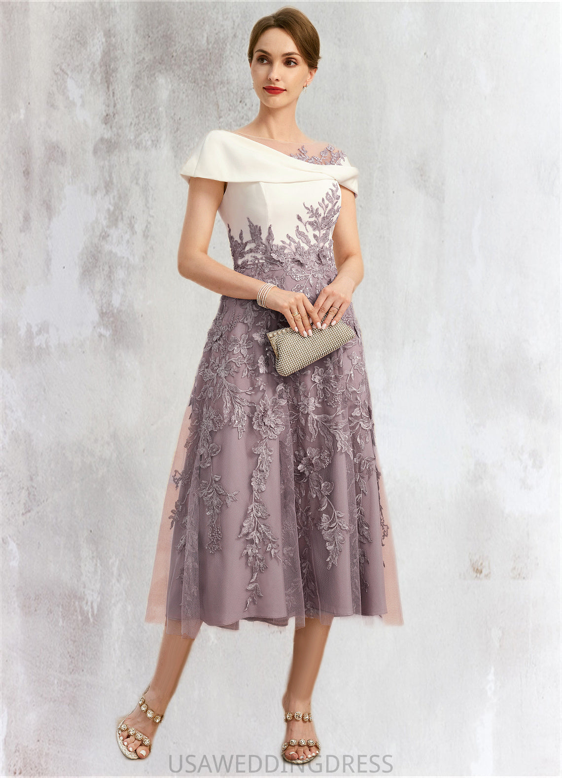 Pamela A-line Scoop Tea-Length Chiffon Lace Mother of the Bride Dress With Sequins DS126P0021773