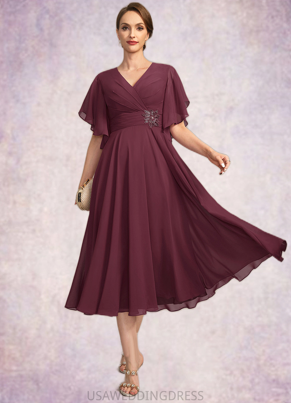 Ava A-line V-Neck Tea-Length Chiffon Mother of the Bride Dress With Beading Pleated DS126P0021774