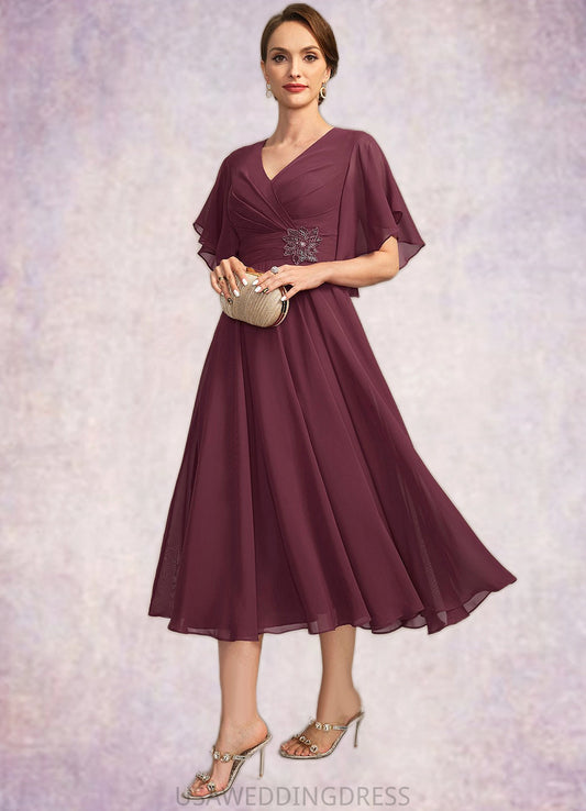 Ava A-line V-Neck Tea-Length Chiffon Mother of the Bride Dress With Beading Pleated DS126P0021774