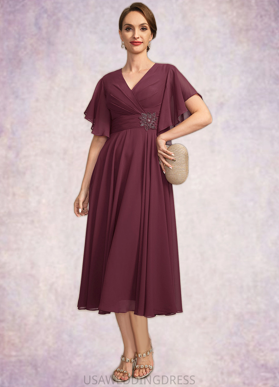 Ava A-line V-Neck Tea-Length Chiffon Mother of the Bride Dress With Beading Pleated DS126P0021774