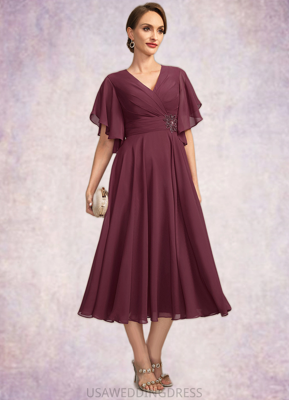 Ava A-line V-Neck Tea-Length Chiffon Mother of the Bride Dress With Beading Pleated DS126P0021774