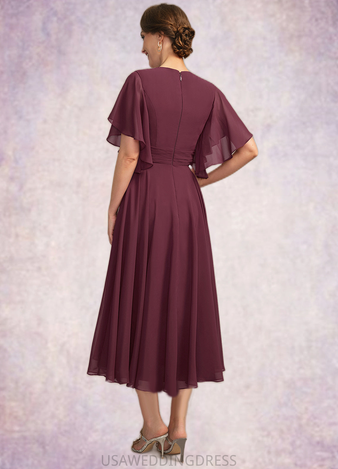 Ava A-line V-Neck Tea-Length Chiffon Mother of the Bride Dress With Beading Pleated DS126P0021774