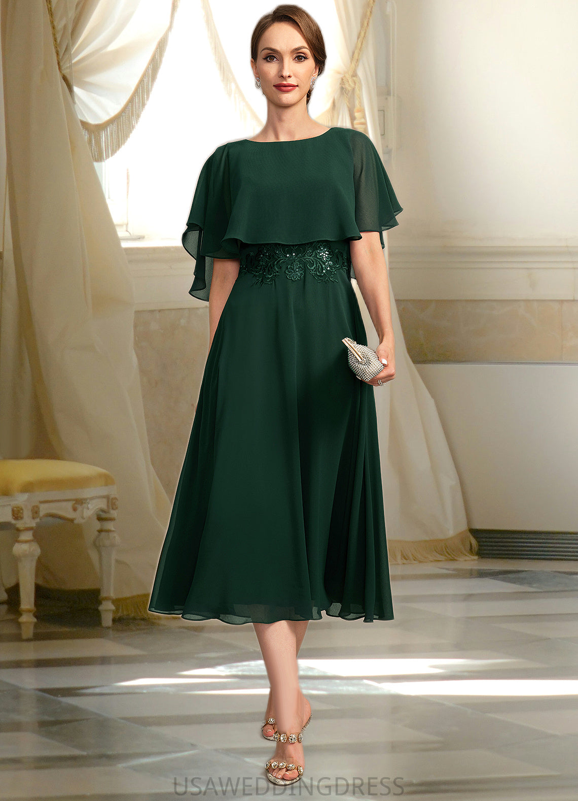 Athena A-line Scoop Tea-Length Chiffon Mother of the Bride Dress With Appliques Lace Sequins DS126P0021776