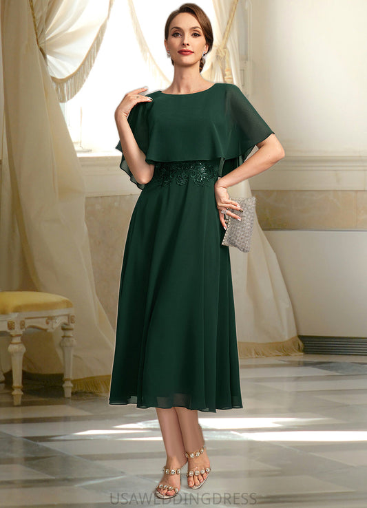 Athena A-line Scoop Tea-Length Chiffon Mother of the Bride Dress With Appliques Lace Sequins DS126P0021776