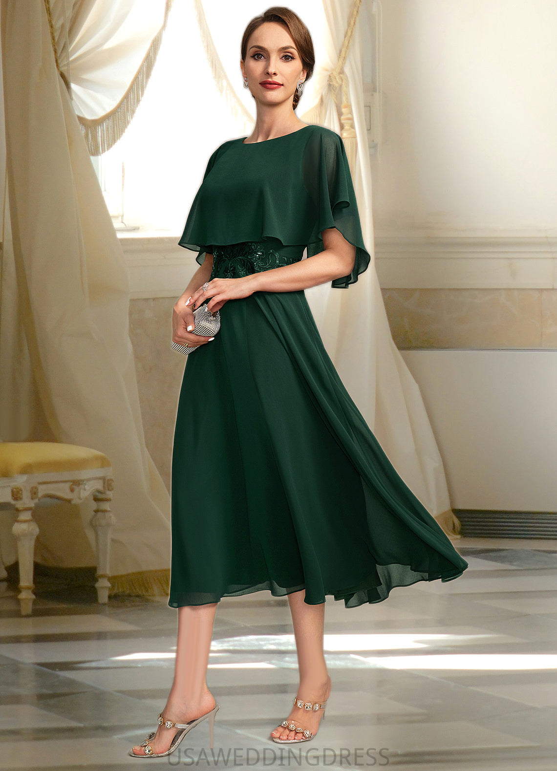 Athena A-line Scoop Tea-Length Chiffon Mother of the Bride Dress With Appliques Lace Sequins DS126P0021776