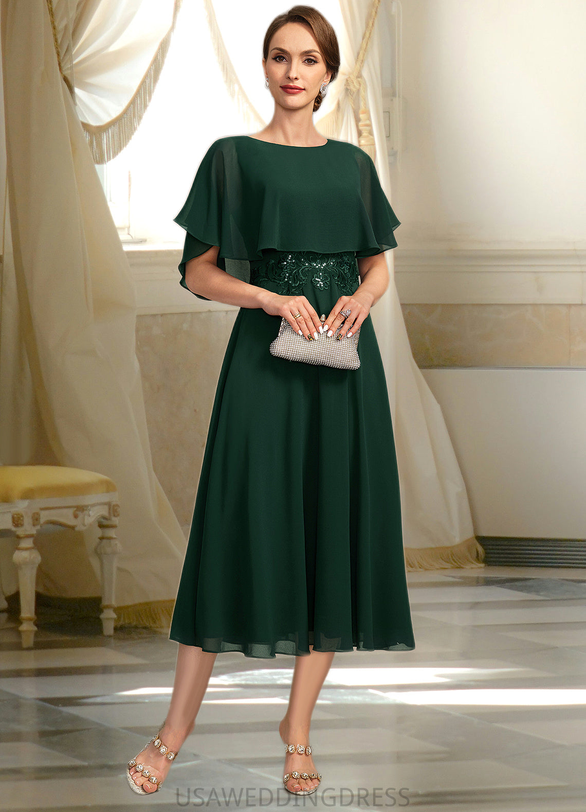 Athena A-line Scoop Tea-Length Chiffon Mother of the Bride Dress With Appliques Lace Sequins DS126P0021776