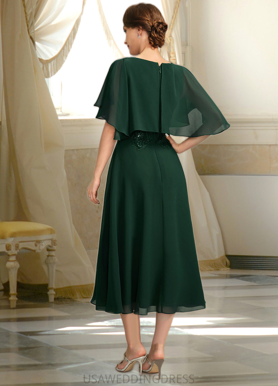 Athena A-line Scoop Tea-Length Chiffon Mother of the Bride Dress With Appliques Lace Sequins DS126P0021776