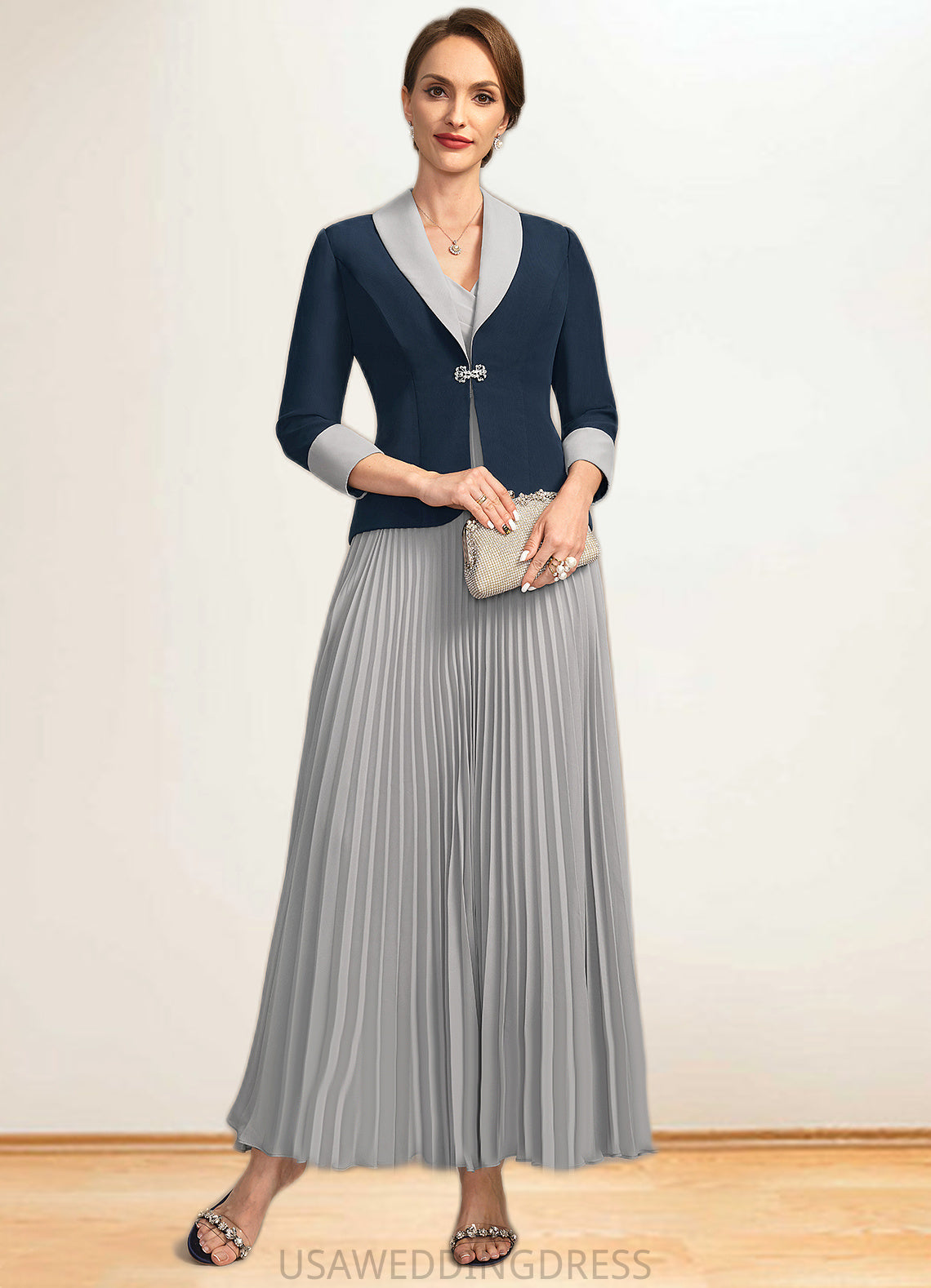 Jamie A-line V-Neck Ankle-Length Chiffon Mother of the Bride Dress With Pleated DS126P0021777