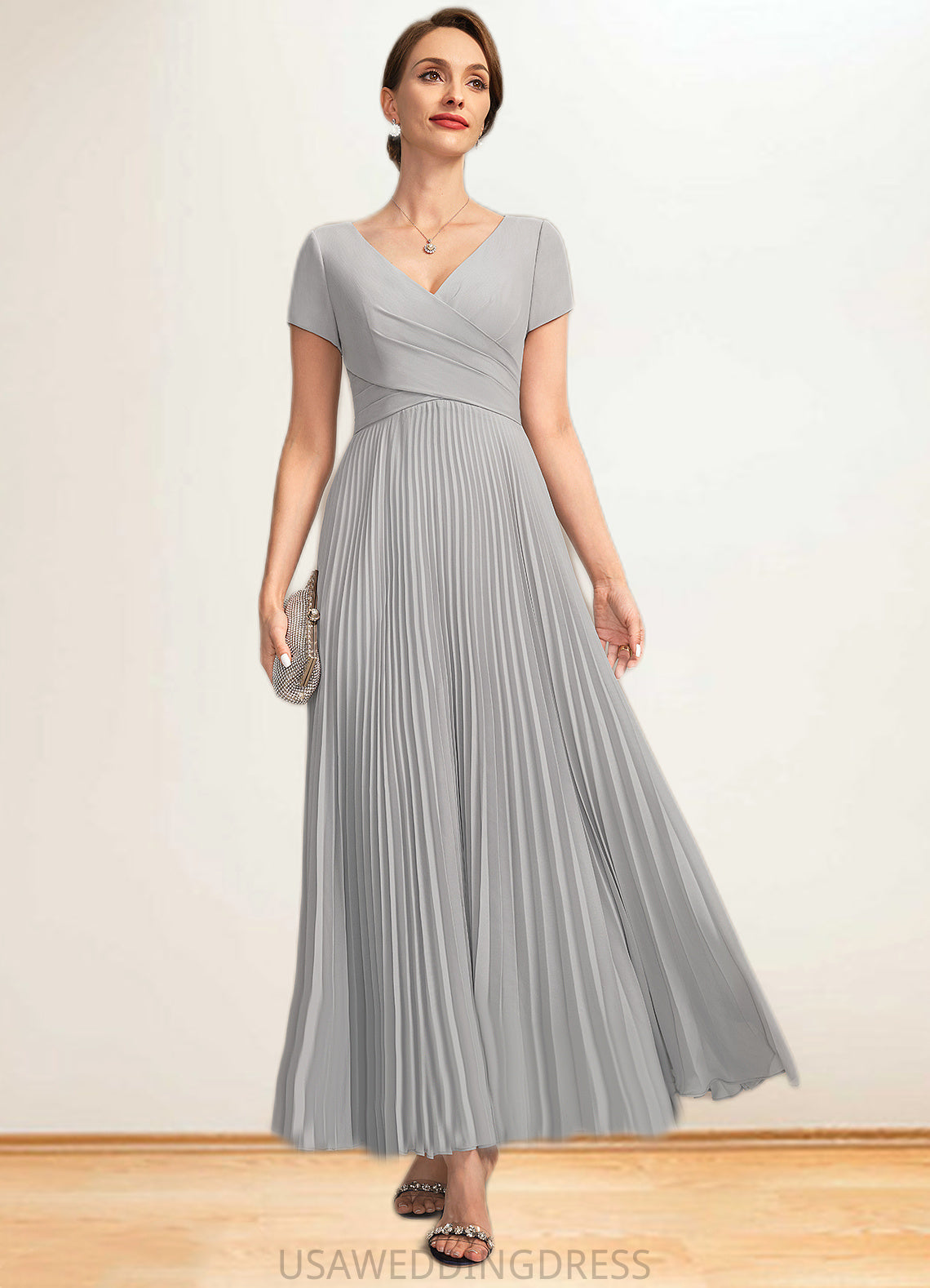 Jamie A-line V-Neck Ankle-Length Chiffon Mother of the Bride Dress With Pleated DS126P0021777