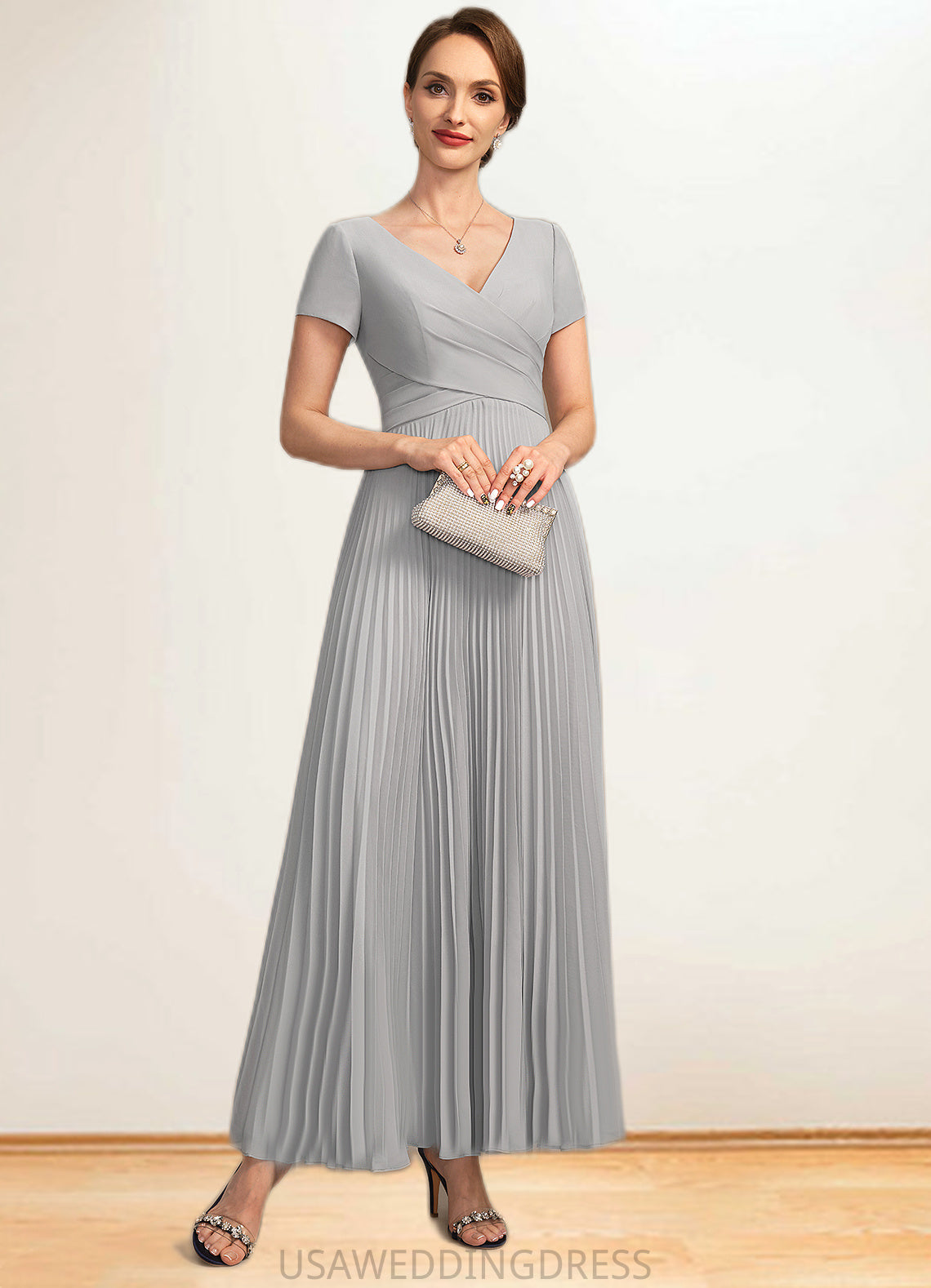 Jamie A-line V-Neck Ankle-Length Chiffon Mother of the Bride Dress With Pleated DS126P0021777