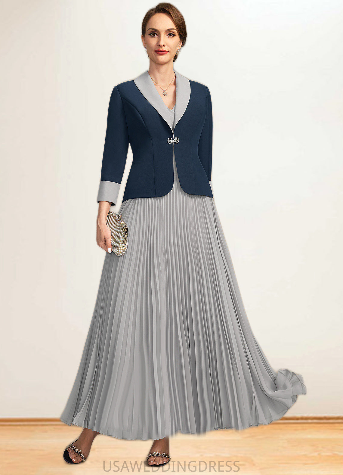 Jamie A-line V-Neck Ankle-Length Chiffon Mother of the Bride Dress With Pleated DS126P0021777