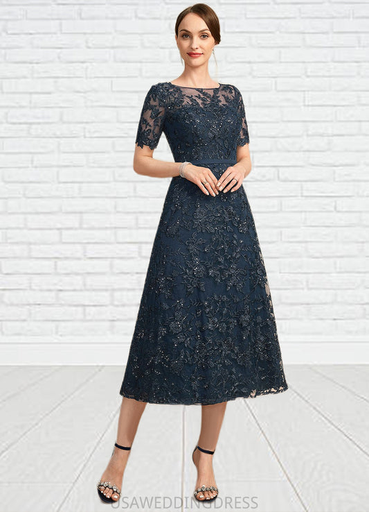 Ashleigh A-line Scoop Illusion Tea-Length Lace Mother of the Bride Dress With Sequins DS126P0021781