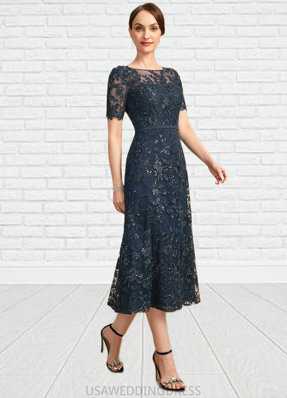 Ashleigh A-line Scoop Illusion Tea-Length Lace Mother of the Bride Dress With Sequins DS126P0021781