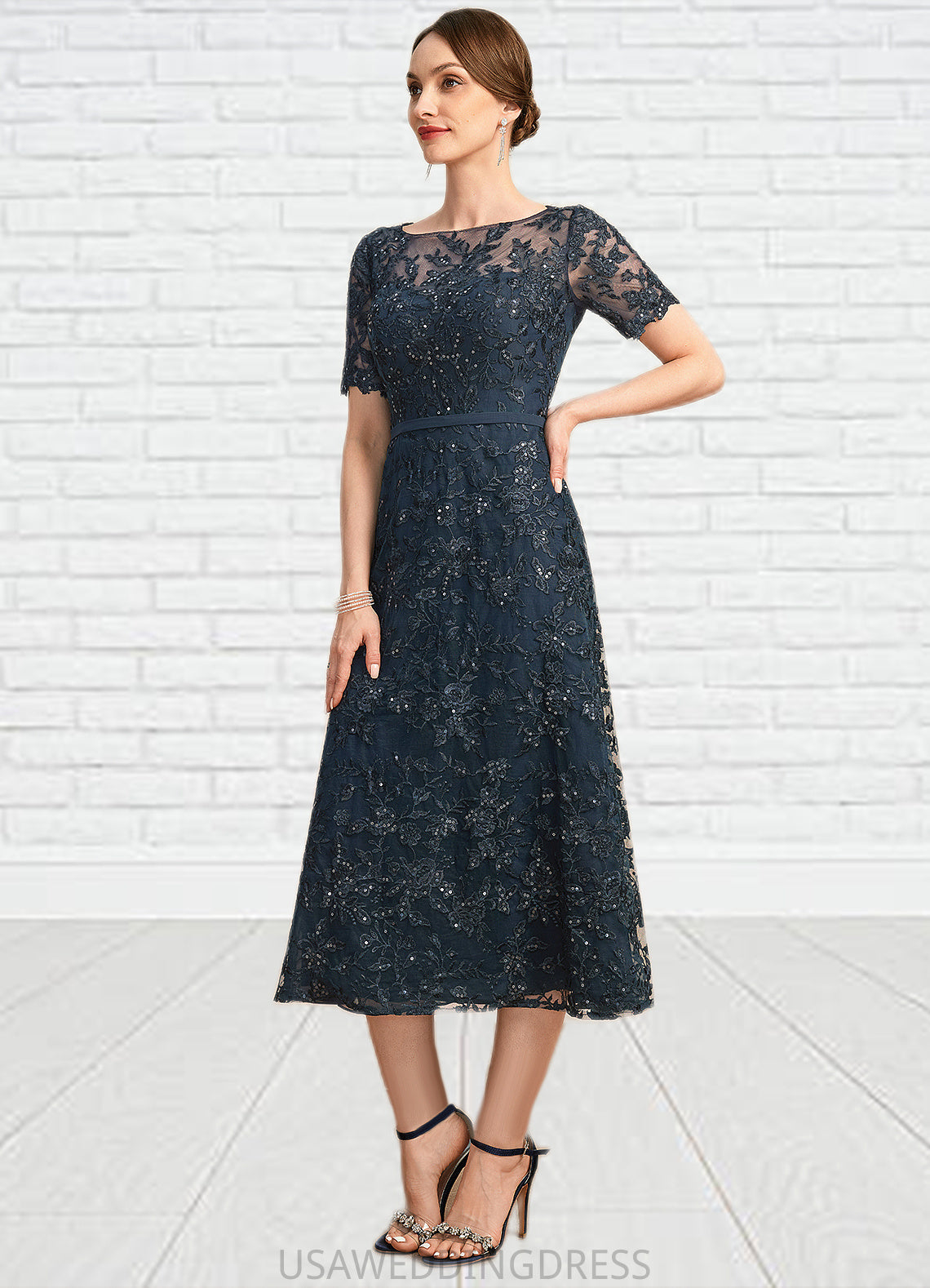 Ashleigh A-line Scoop Illusion Tea-Length Lace Mother of the Bride Dress With Sequins DS126P0021781