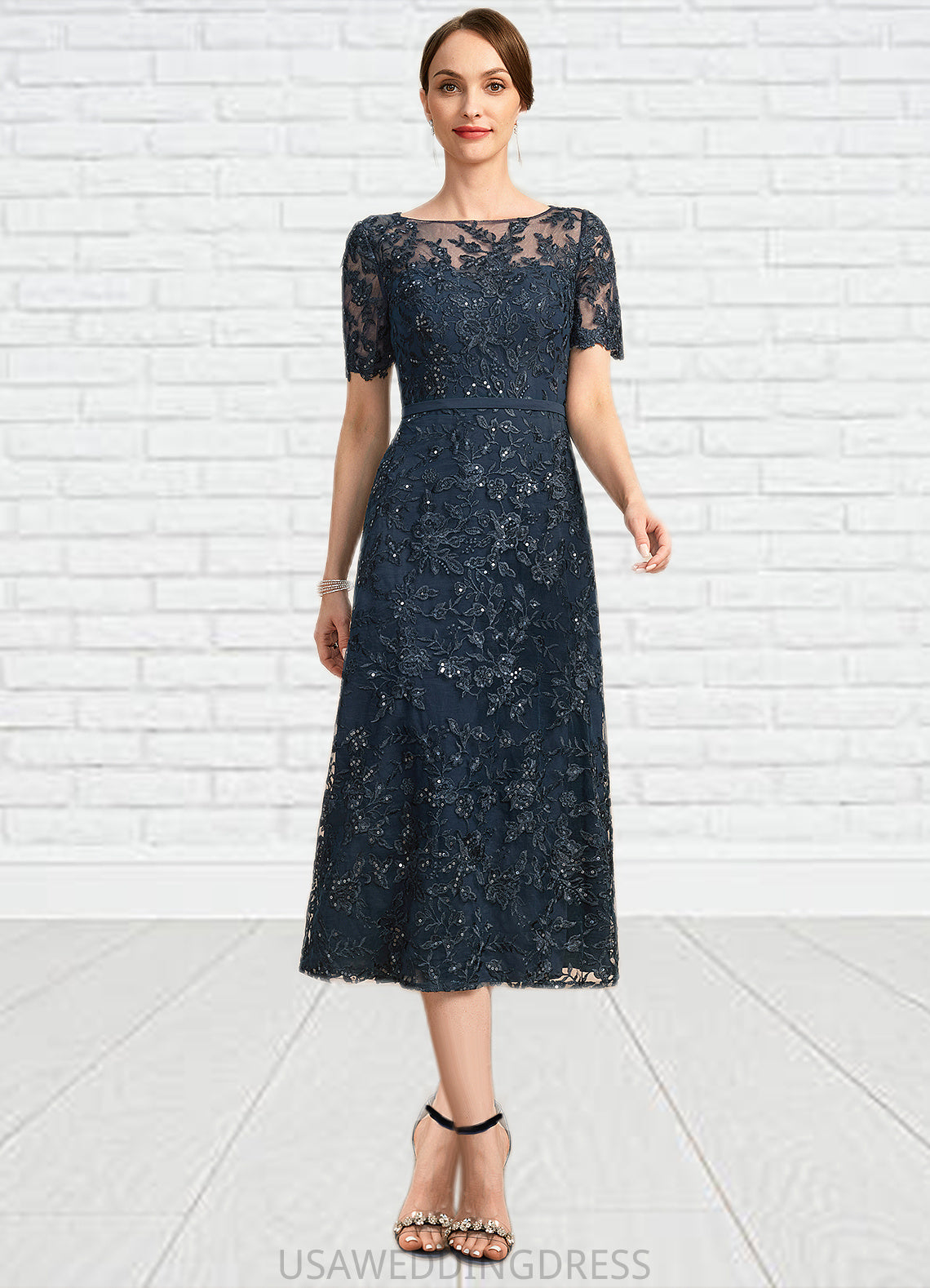 Ashleigh A-line Scoop Illusion Tea-Length Lace Mother of the Bride Dress With Sequins DS126P0021781