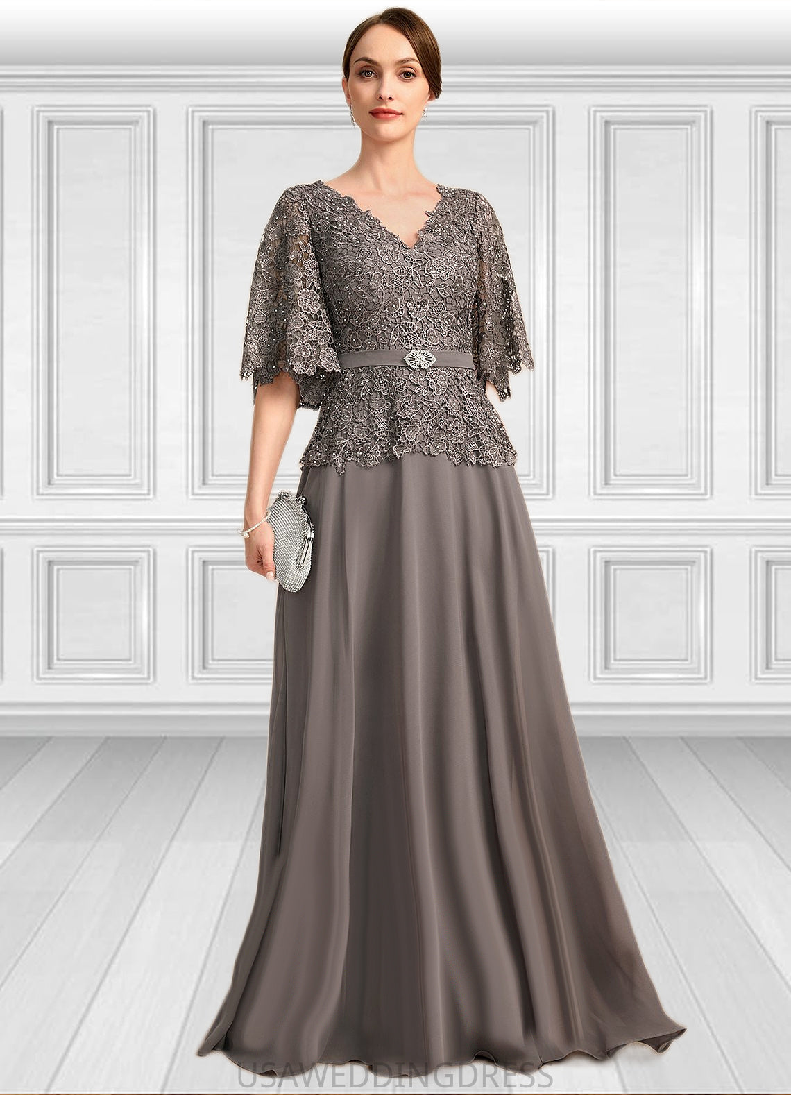 Olympia A-line V-Neck Floor-Length Chiffon Lace Mother of the Bride Dress With Rhinestone Crystal Brooch DS126P0021782
