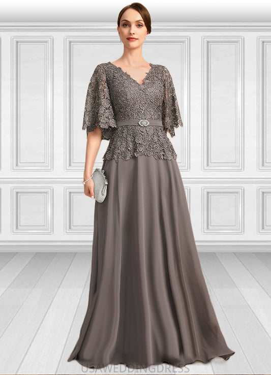 Olympia A-line V-Neck Floor-Length Chiffon Lace Mother of the Bride Dress With Rhinestone Crystal Brooch DS126P0021782