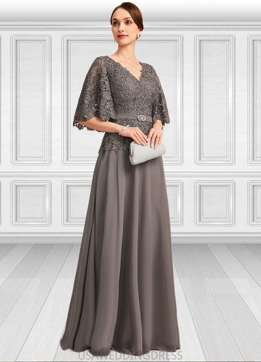 Olympia A-line V-Neck Floor-Length Chiffon Lace Mother of the Bride Dress With Rhinestone Crystal Brooch DS126P0021782