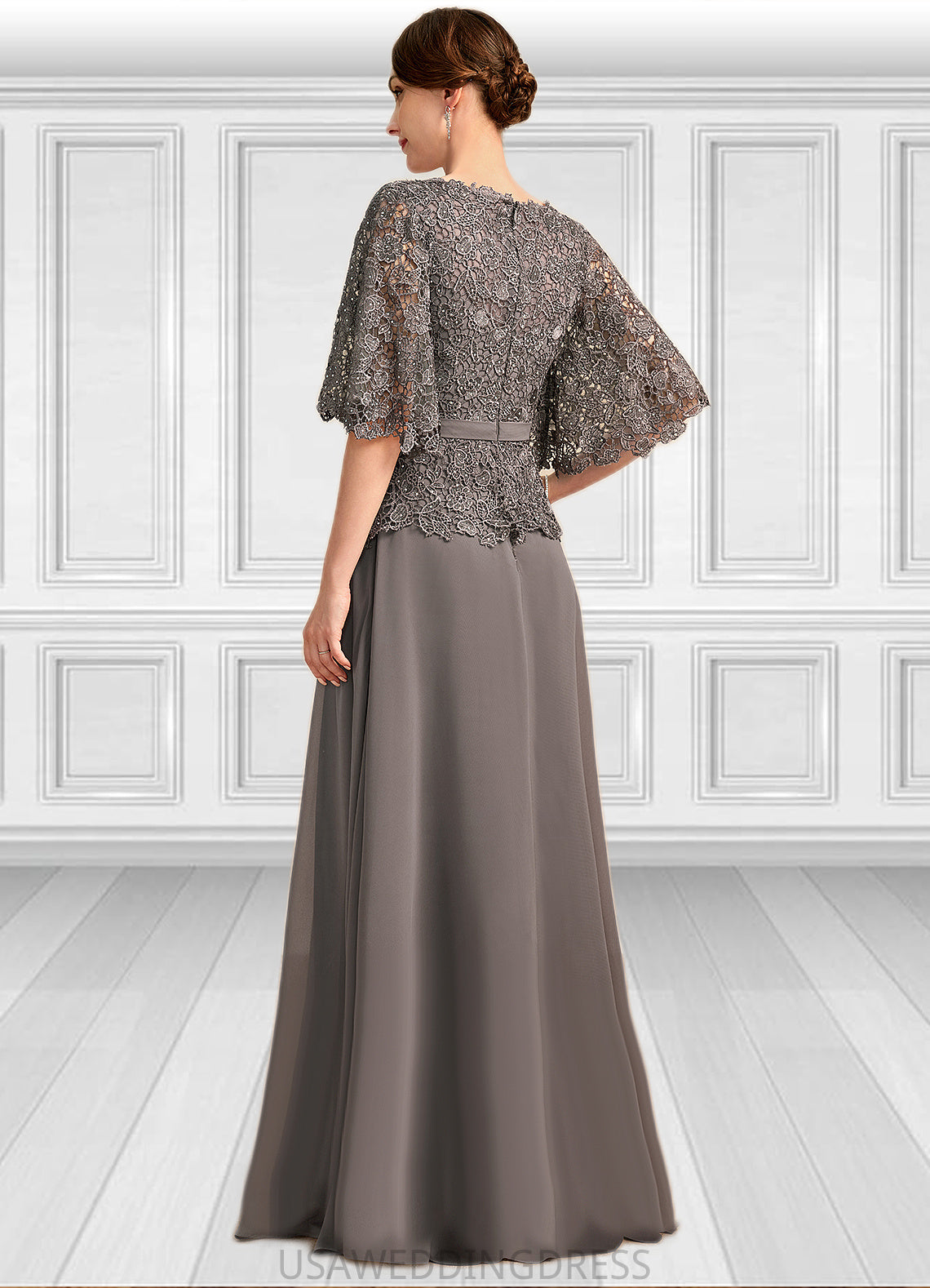 Olympia A-line V-Neck Floor-Length Chiffon Lace Mother of the Bride Dress With Rhinestone Crystal Brooch DS126P0021782