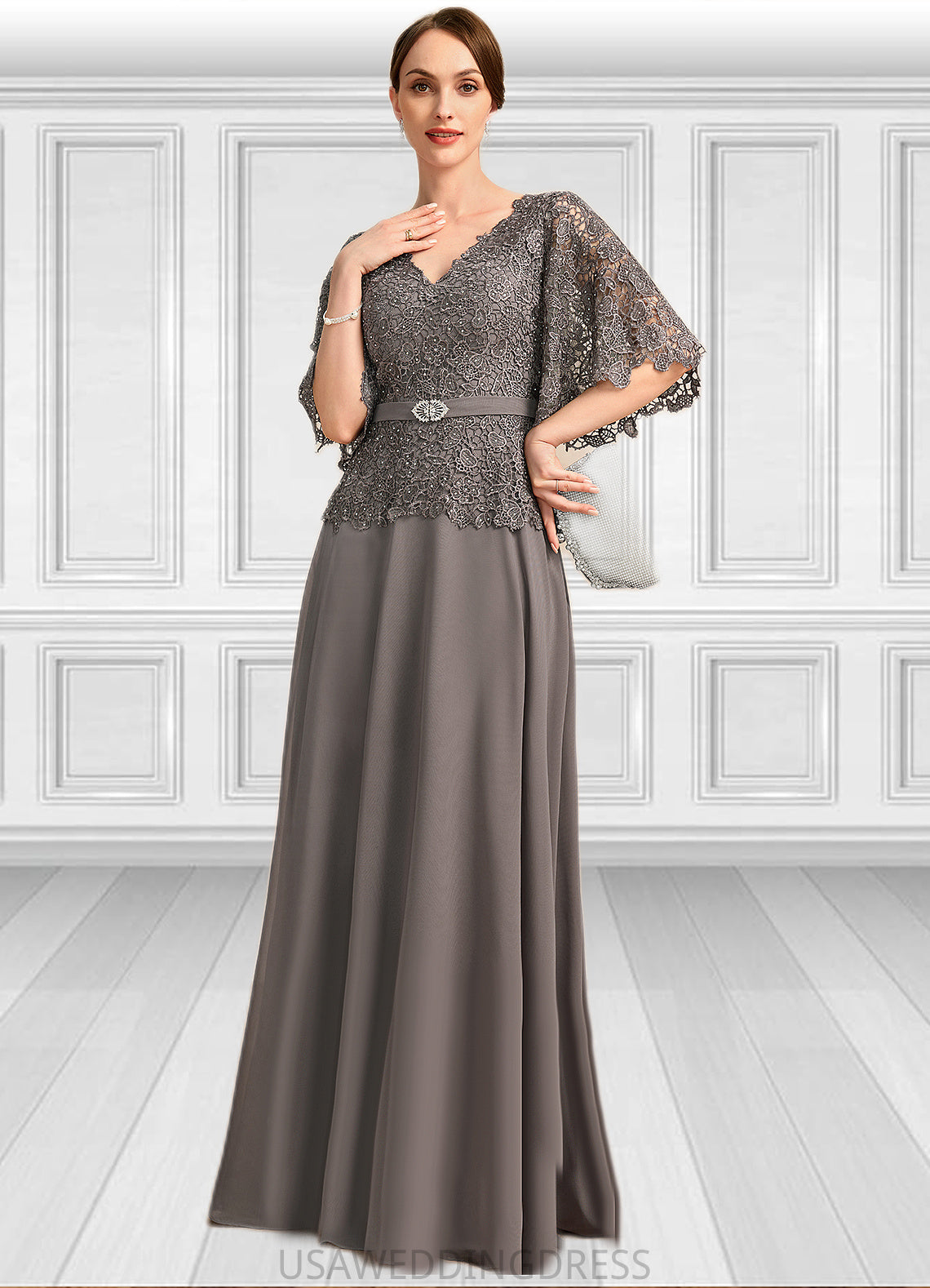 Olympia A-line V-Neck Floor-Length Chiffon Lace Mother of the Bride Dress With Rhinestone Crystal Brooch DS126P0021782