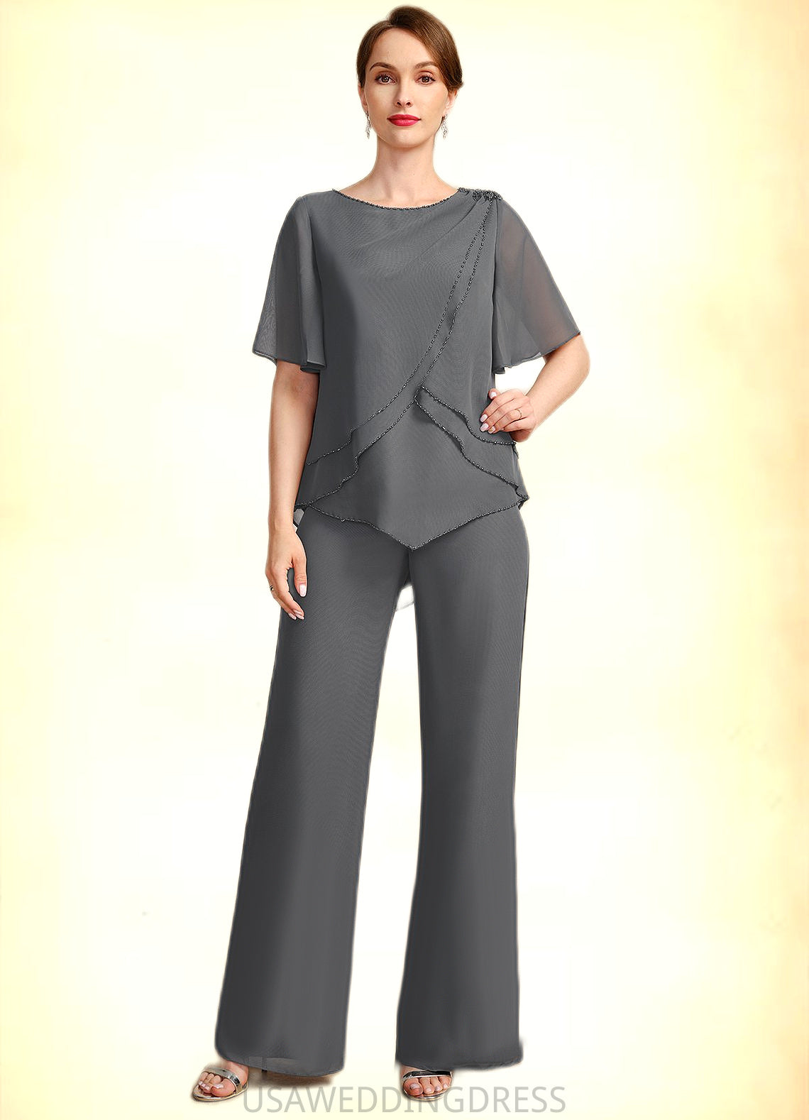 Elliana Jumpsuit/Pantsuit Separates Scoop Floor-Length Chiffon Mother of the Bride Dress With Beading DS126P0021783