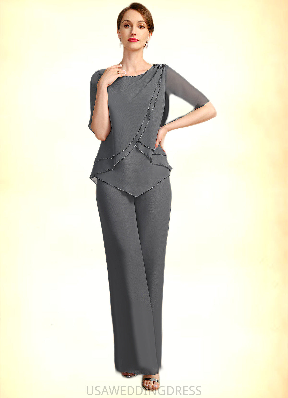 Elliana Jumpsuit/Pantsuit Separates Scoop Floor-Length Chiffon Mother of the Bride Dress With Beading DS126P0021783