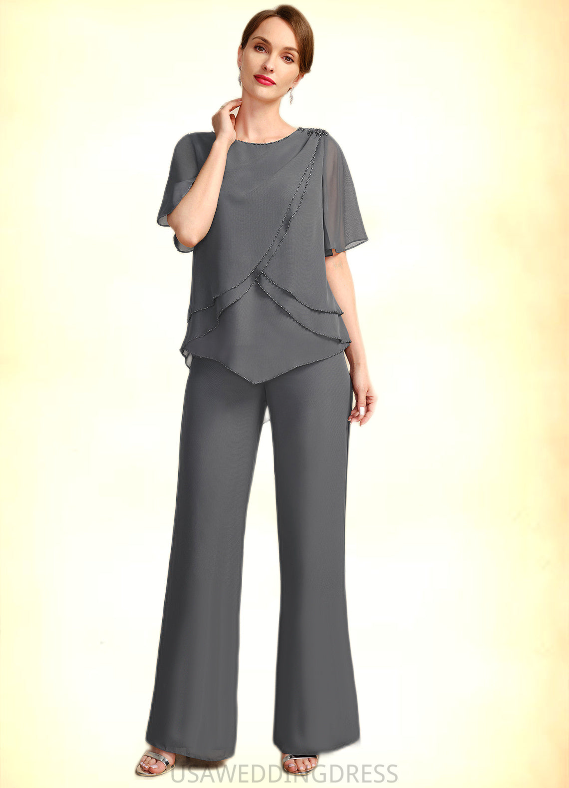 Elliana Jumpsuit/Pantsuit Separates Scoop Floor-Length Chiffon Mother of the Bride Dress With Beading DS126P0021783