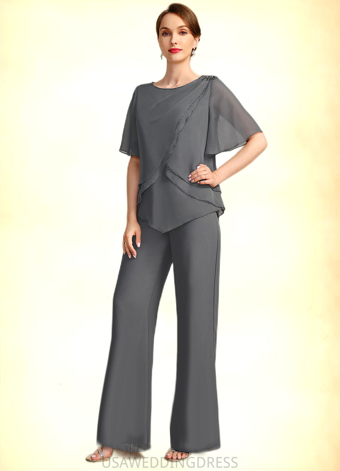 Elliana Jumpsuit/Pantsuit Separates Scoop Floor-Length Chiffon Mother of the Bride Dress With Beading DS126P0021783