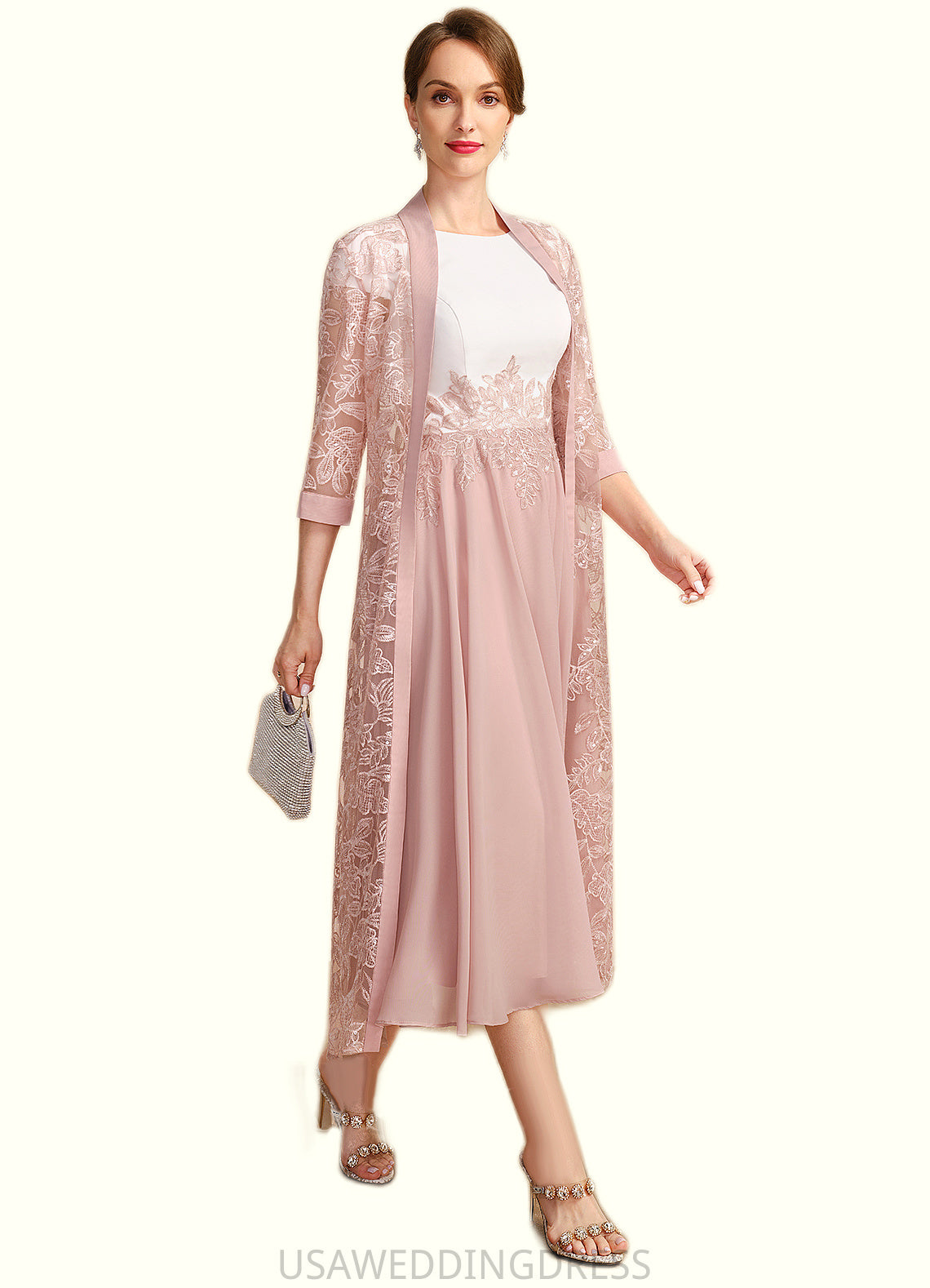 Katie A-line Scoop Tea-Length Chiffon Mother of the Bride Dress With Appliques Lace Sequins DS126P0021785
