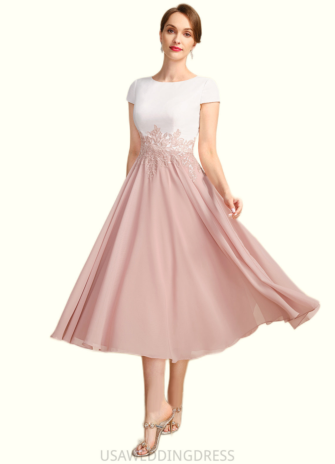 Katie A-line Scoop Tea-Length Chiffon Mother of the Bride Dress With Appliques Lace Sequins DS126P0021785