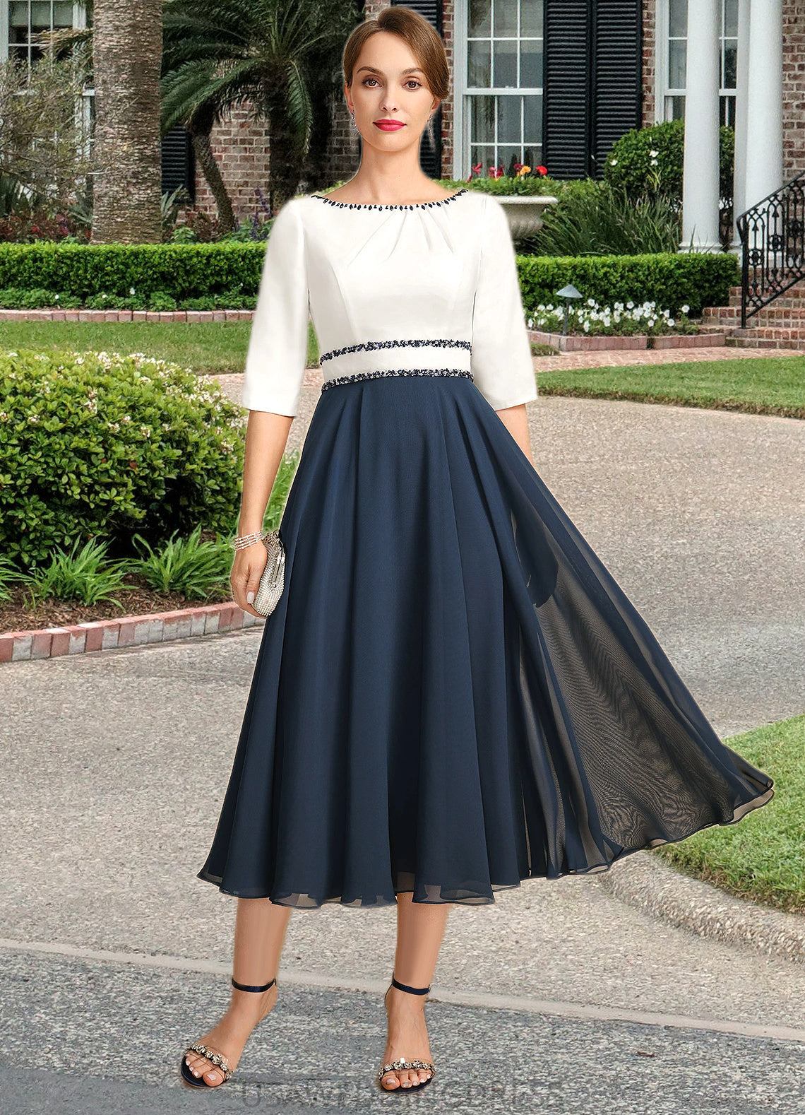 Jaylee A-line Scoop Tea-Length Chiffon Mother of the Bride Dress With Beading Pleated Sequins DS126P0021786