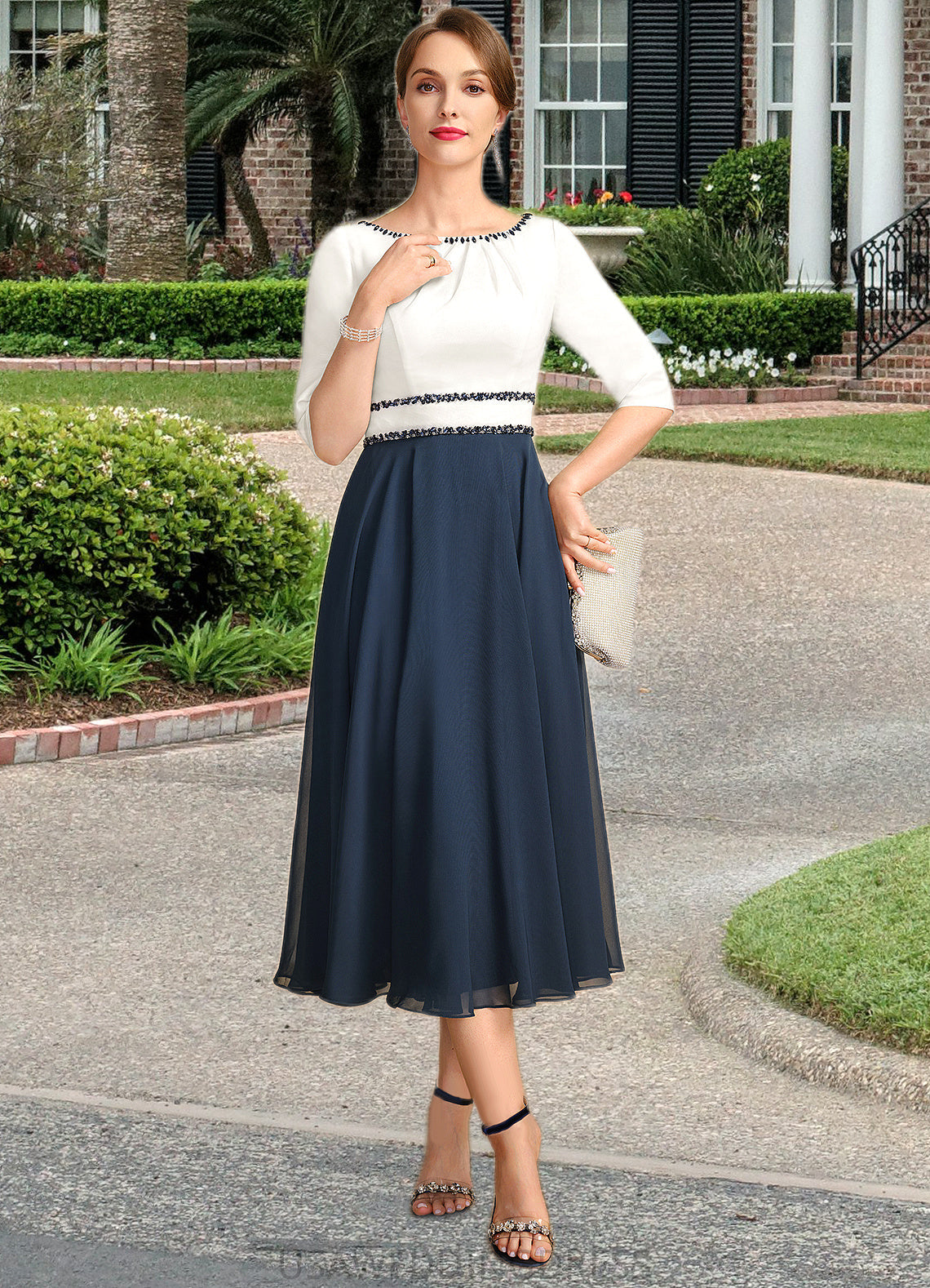 Jaylee A-line Scoop Tea-Length Chiffon Mother of the Bride Dress With Beading Pleated Sequins DS126P0021786