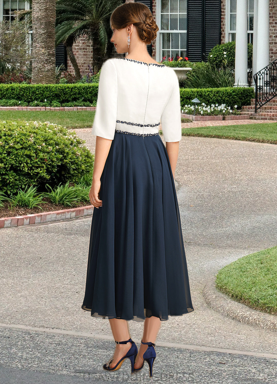 Jaylee A-line Scoop Tea-Length Chiffon Mother of the Bride Dress With Beading Pleated Sequins DS126P0021786