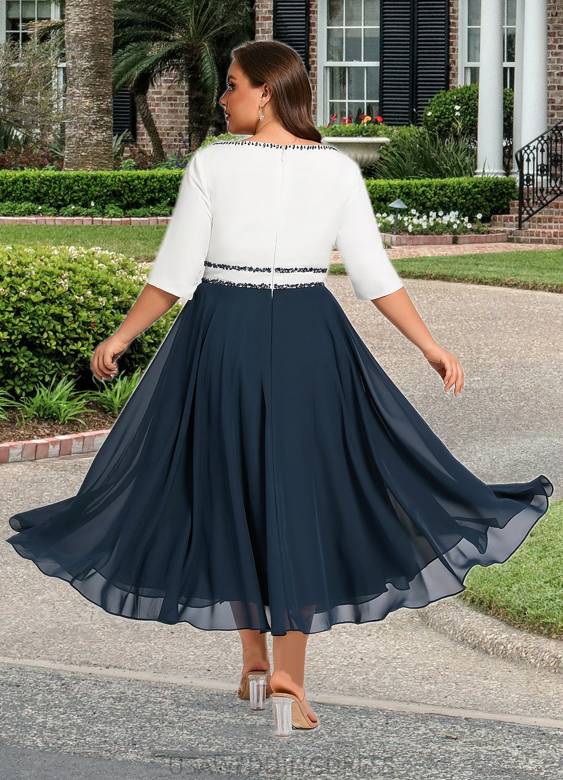 Jaylee A-line Scoop Tea-Length Chiffon Mother of the Bride Dress With Beading Pleated Sequins DS126P0021786