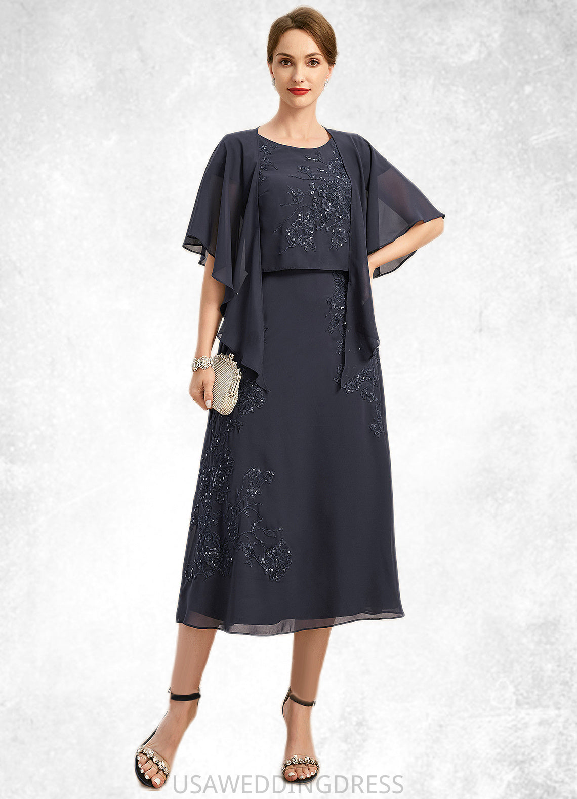 Nathalia A-line Scoop Tea-Length Chiffon Lace Mother of the Bride Dress With Sequins DS126P0021789