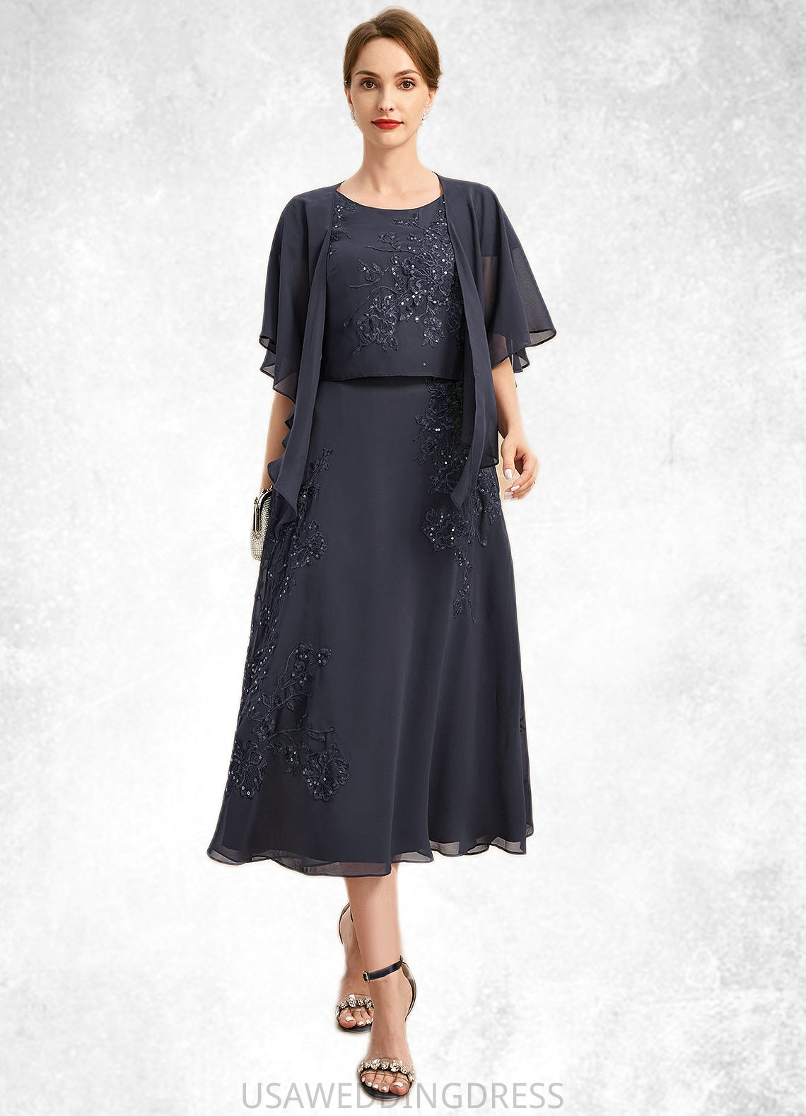 Nathalia A-line Scoop Tea-Length Chiffon Lace Mother of the Bride Dress With Sequins DS126P0021789