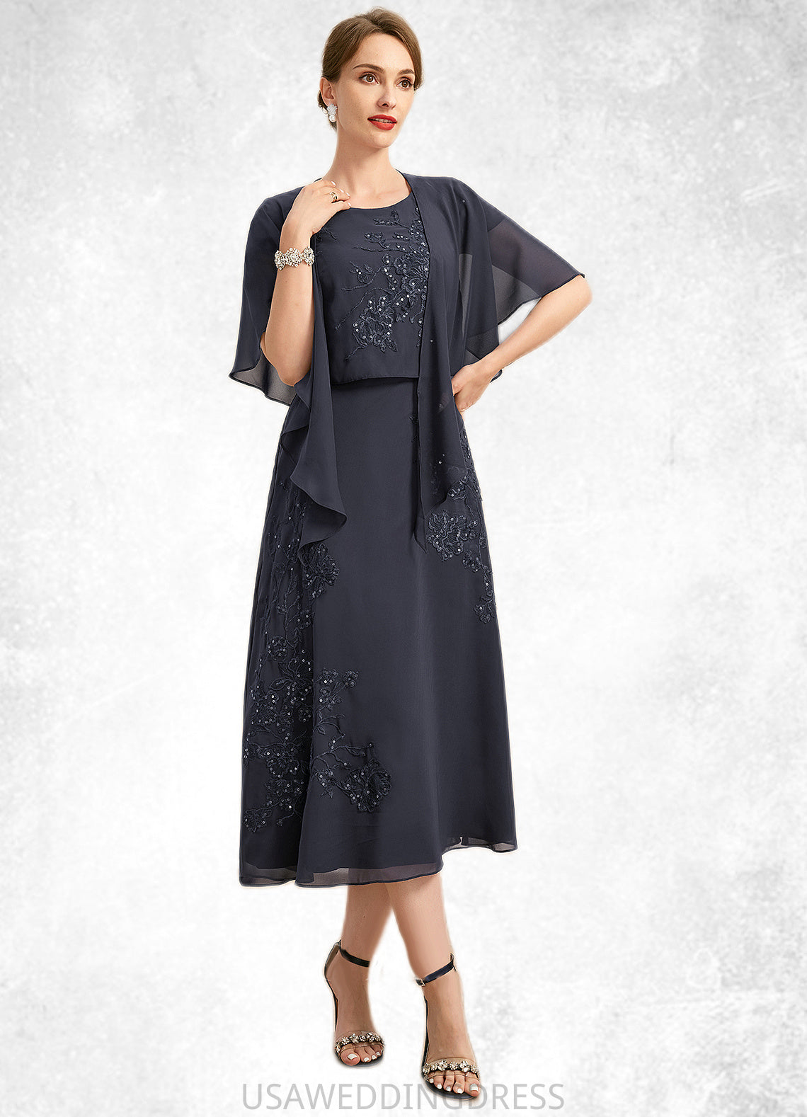 Nathalia A-line Scoop Tea-Length Chiffon Lace Mother of the Bride Dress With Sequins DS126P0021789