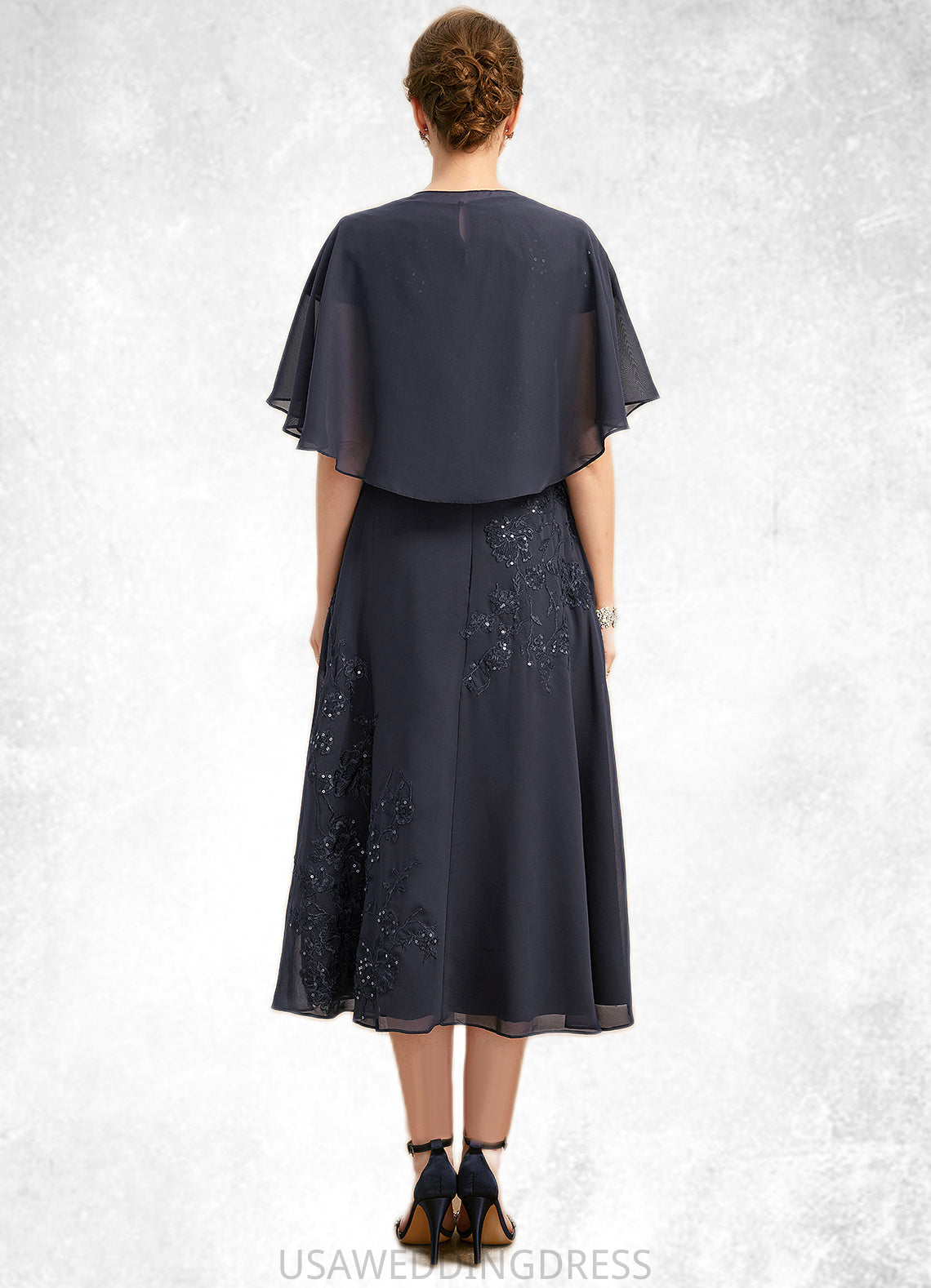 Nathalia A-line Scoop Tea-Length Chiffon Lace Mother of the Bride Dress With Sequins DS126P0021789