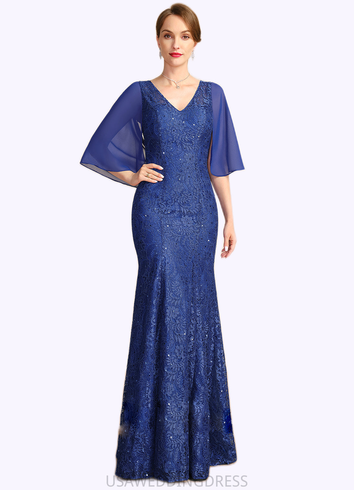 Scarlett Trumpet/Mermaid V-Neck Floor-Length Chiffon Lace Mother of the Bride Dress With Sequins DS126P0021795