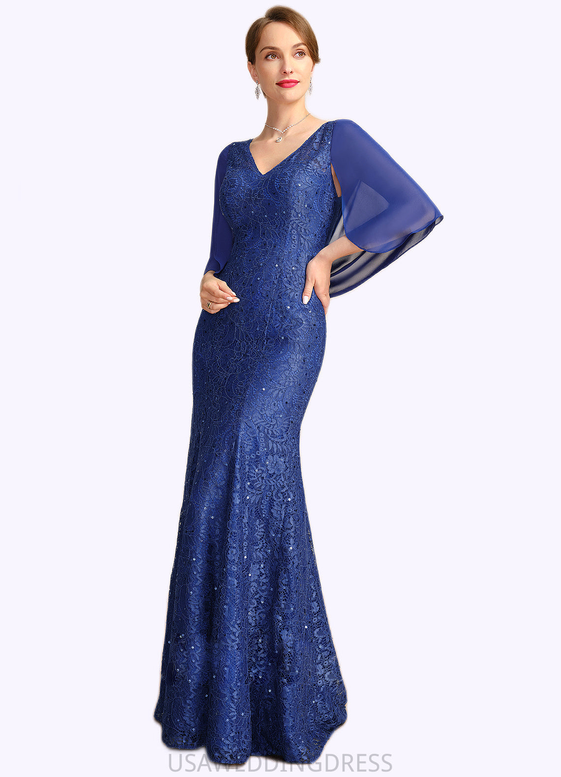 Scarlett Trumpet/Mermaid V-Neck Floor-Length Chiffon Lace Mother of the Bride Dress With Sequins DS126P0021795