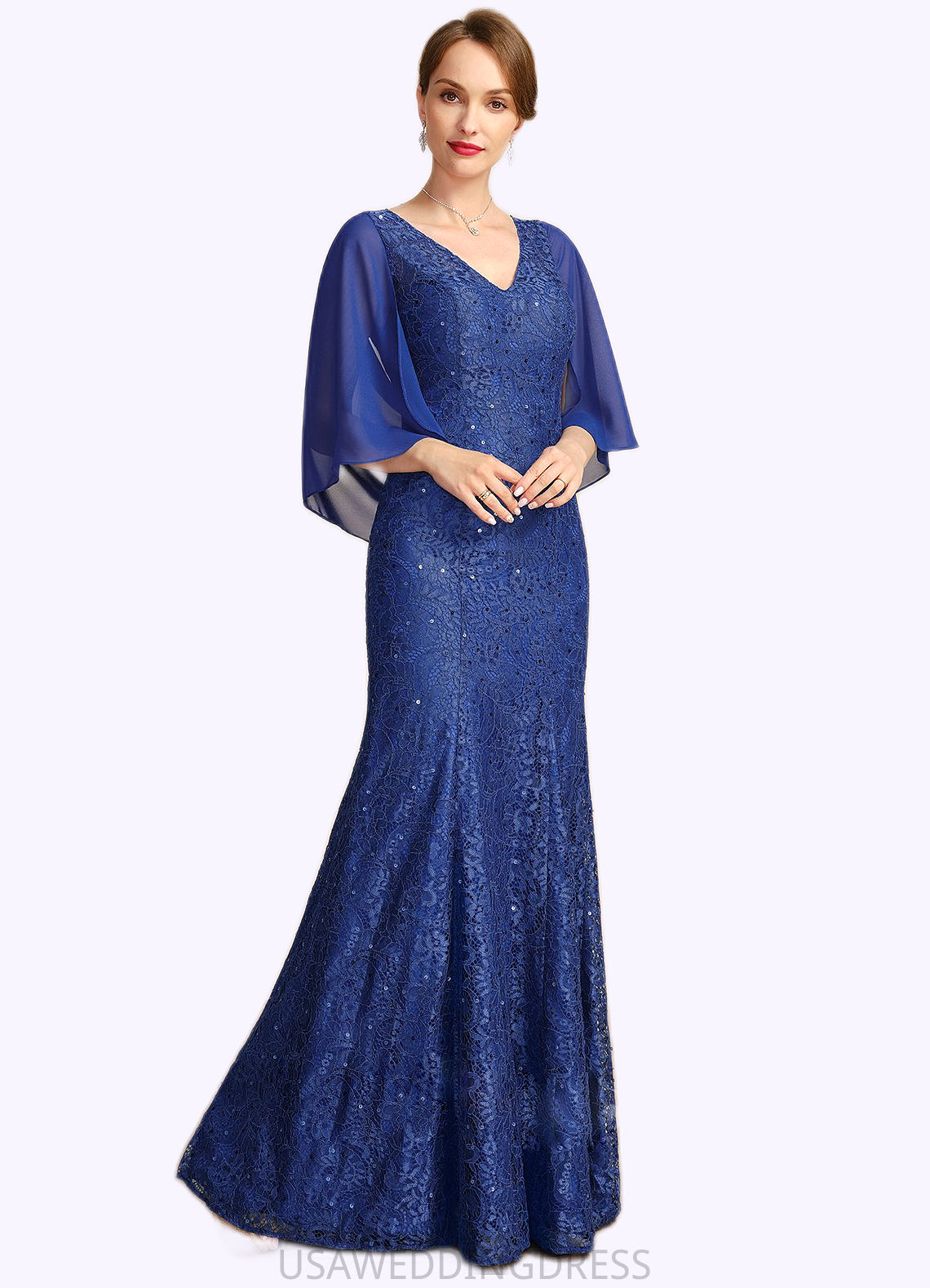 Scarlett Trumpet/Mermaid V-Neck Floor-Length Chiffon Lace Mother of the Bride Dress With Sequins DS126P0021795