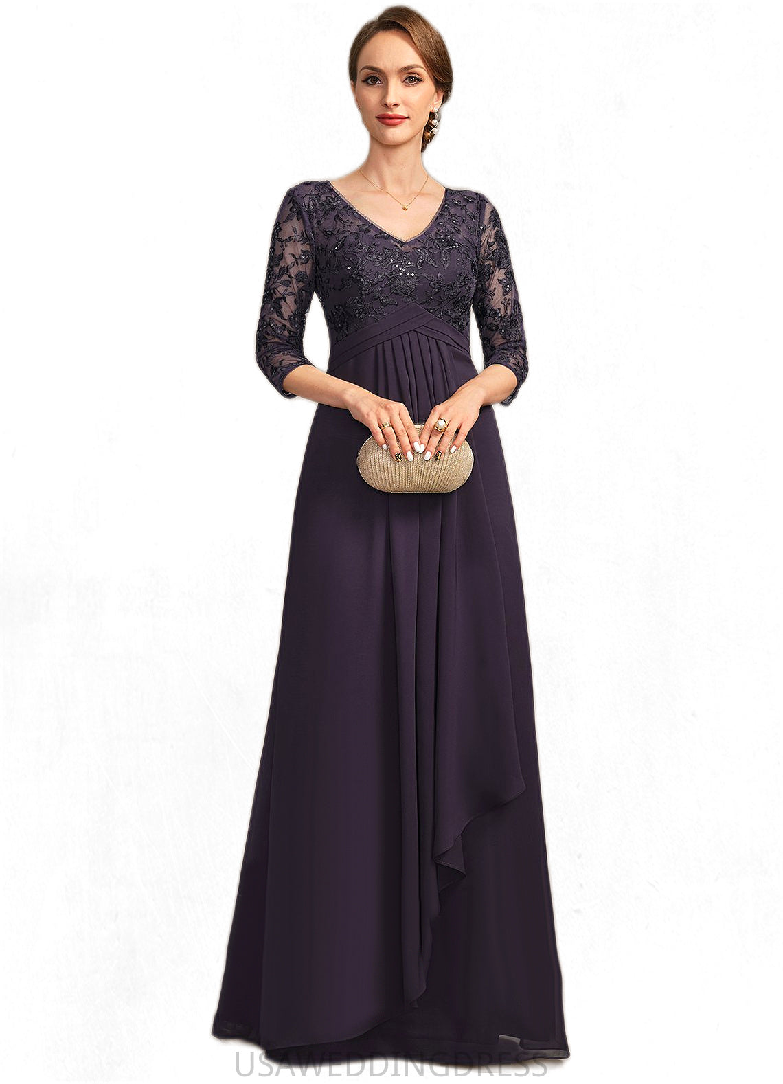 Frederica A-line V-Neck Floor-Length Chiffon Lace Mother of the Bride Dress With Cascading Ruffles Sequins DS126P0021796
